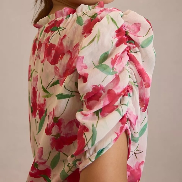 MISA Red Pink Fuchsia Floral Watercolor Chiffon Sera Top Short Sleeve Blouse - Picture 5 of 14